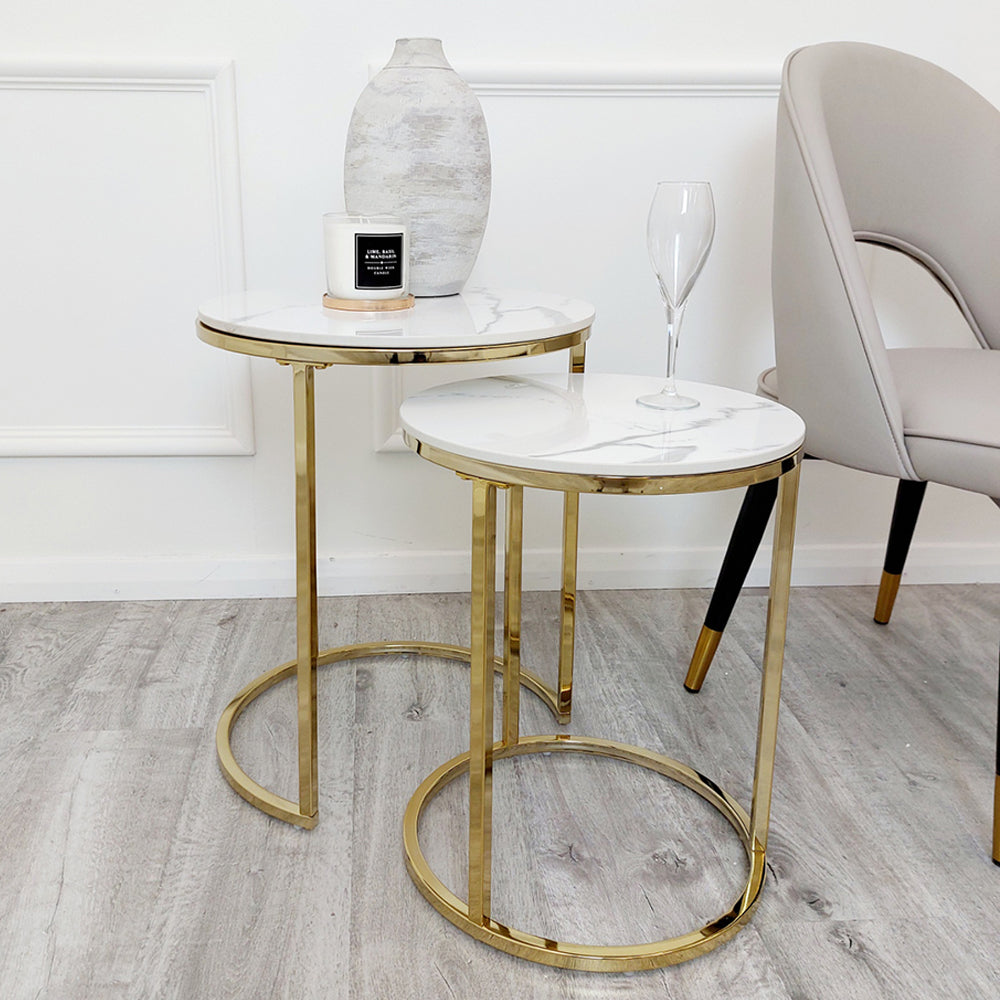 Cato Nest of 2 Tall Gold End Tables with Polar White Sintered Stone Tops Default Title