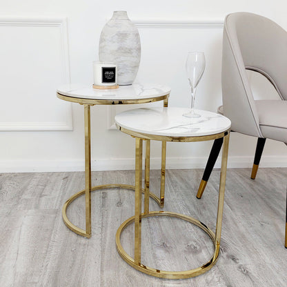 Cato Nest of 2 Tall Gold End Tables with Polar White Sintered Stone Tops Default Title