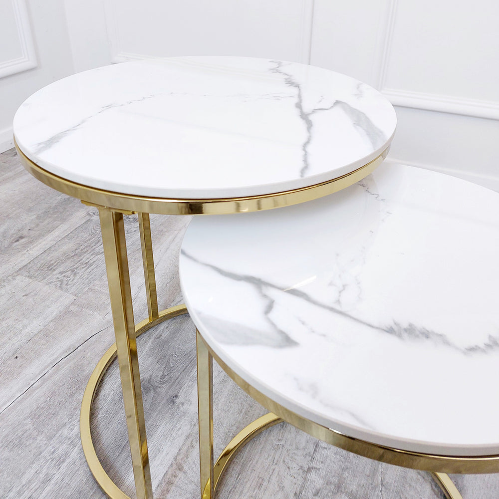 Cato Nest of 2 Tall Gold End Tables with Polar White Sintered Stone Tops Default Title