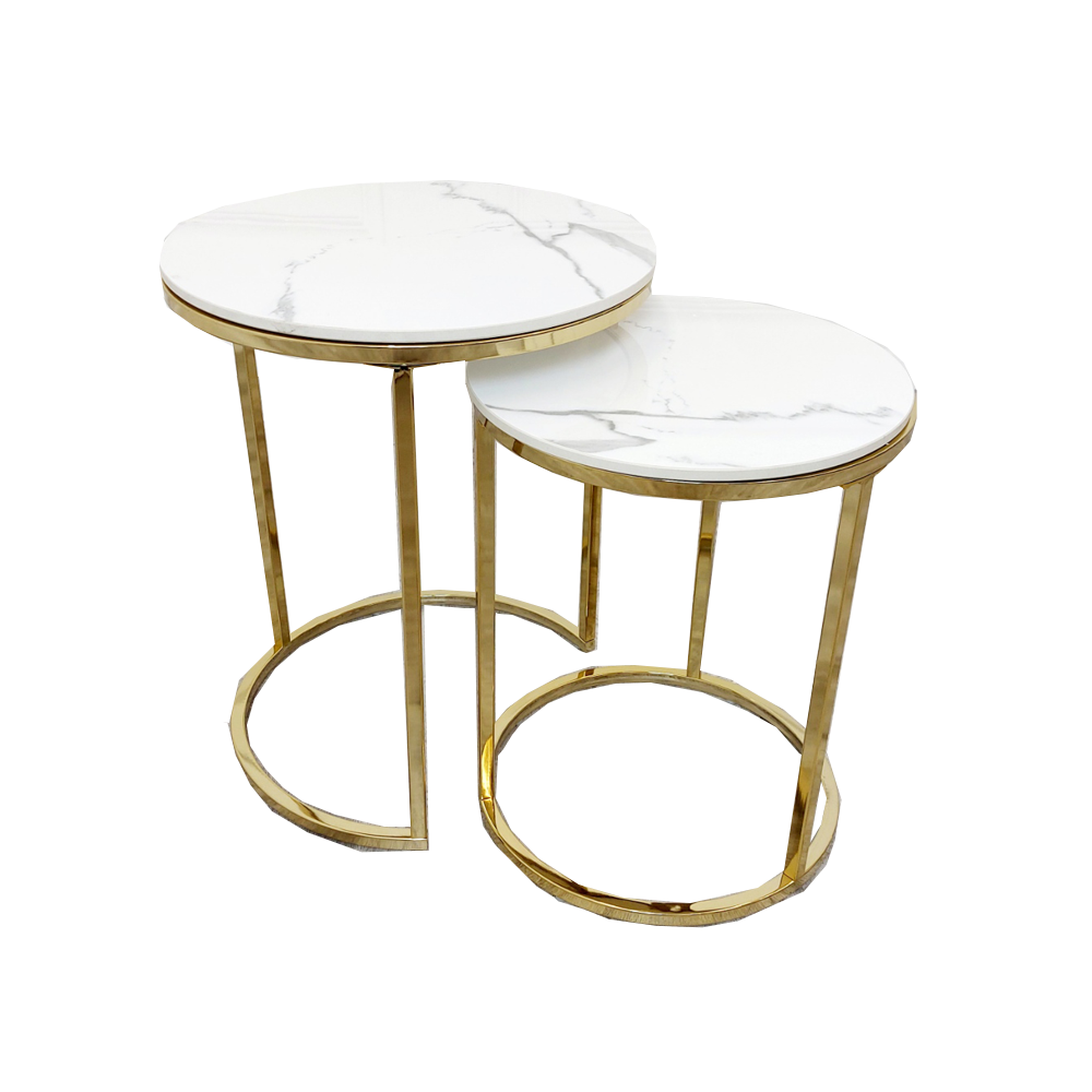 Cato Nest of 2 Tall Gold End Tables with Polar White Sintered Stone Tops Default Title