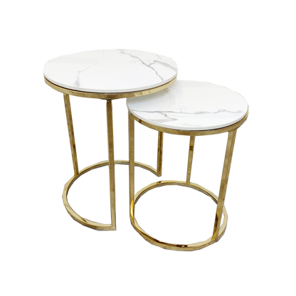 Cato Nest of 2 Tall Gold End Tables with Polar White Sintered Stone Tops Default Title