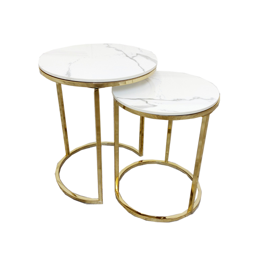 Cato Nest of 2 Tall Gold End Tables with Polar White Sintered Stone Tops Default Title